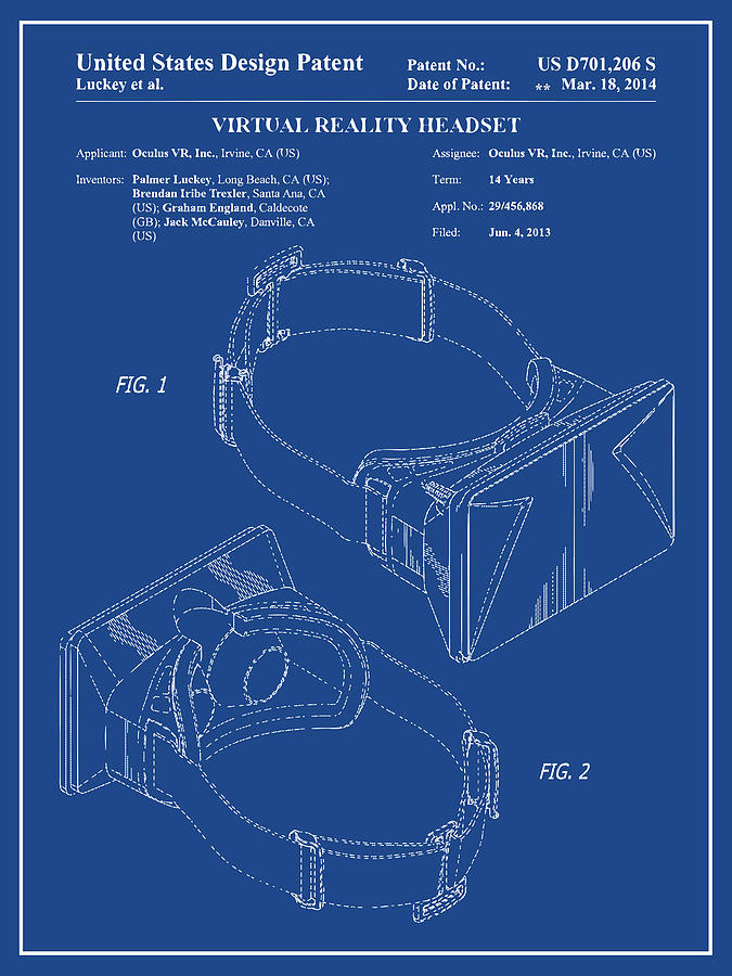 2013 Virtual Reality Headset Dark Blue Patent Print Drawing by Greg Edwards