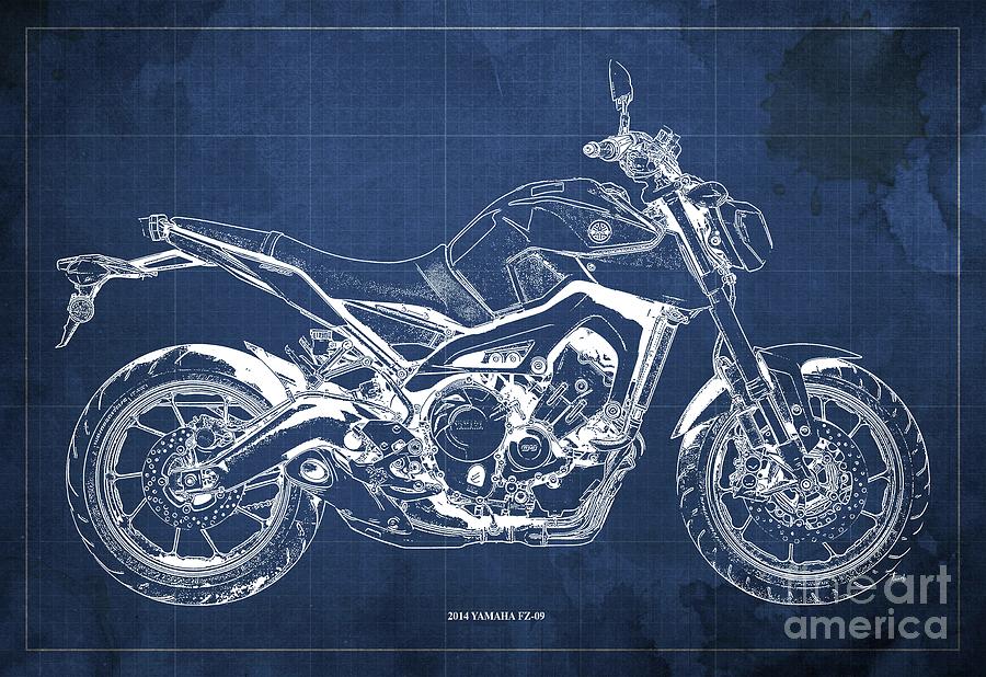 2014 Yamaha FZ-09 Blueprint. Blue Background,Original Gifts for Bikers ...