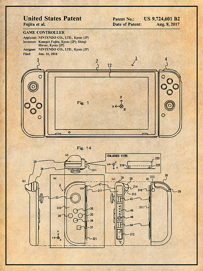 2016 Nintendo Switch Game Controller Patent Print Antique Paper Drawing by Greg Edwards