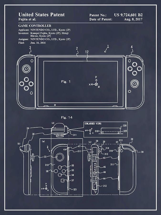 2016 Nintendo Switch Game Controller Patent Print Blackboard Drawing by Greg Edwards