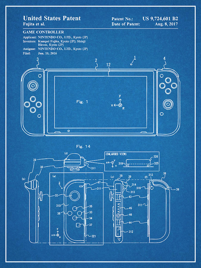 2016 Nintendo Switch Game Controller Patent Print Blueprint Drawing by Greg Edwards