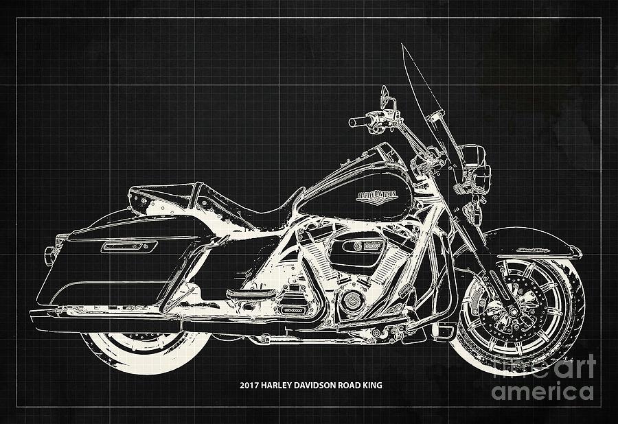 2017 Harley Davidson Road King Blueprint,original Artwork,dark Grey Background Drawing