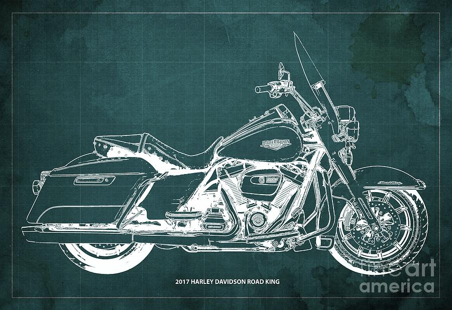 2017 Harley Davidson Road King Blueprint,original Artwork,green Background Drawing
