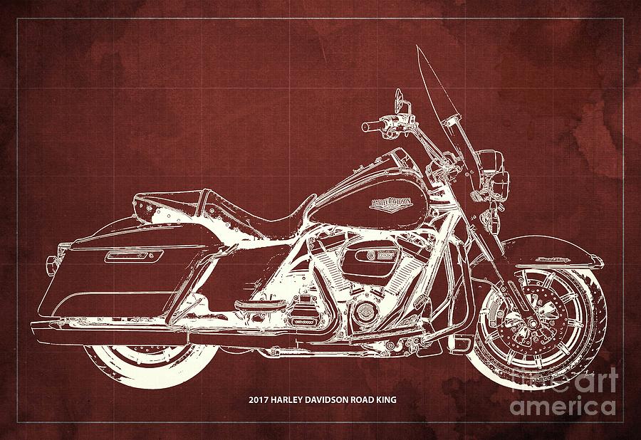 2017 Harley Davidson Road King Blueprint,original Artwork,red Background Drawing