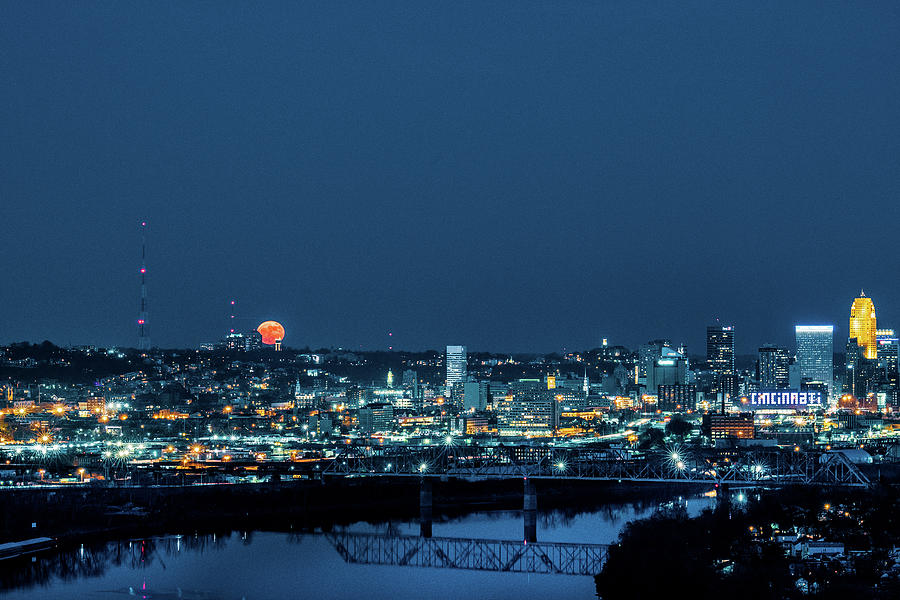 2017 Super Moon Behind The Cincinnati Ohio Skyline  Photograph by Dave Morgan