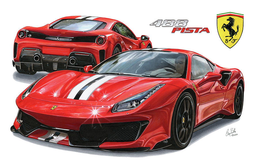 2018 Ferrari 488 Pista Drawing by The Cartist - Clive Botha