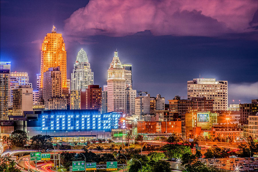 2019 Cincinnati Ohio Night Skyline Photograph by Dave Morgan