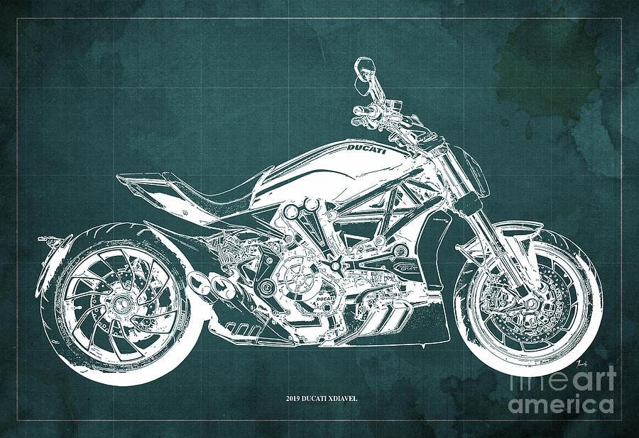 2019 Ducati XDiavel Blueprint,Green Background,Gift for bikers Drawing ...