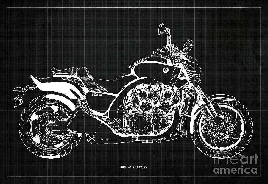 2019 Yamaha VMAX Blueprint, Dark Grey Background, Original Drawing ...