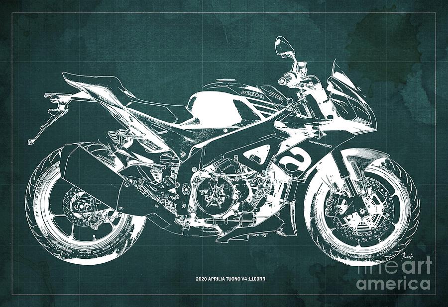 2020 Aprilia Tuono V4 1100RR Blueprint,Green Vintage Backgrpund,Gift for bikers Drawing by Drawspots Illustrations