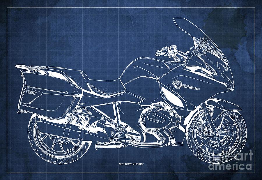 Blue Background Drawing - 2020 BMW R1250RT Blueprint,Blue Background,Garage Decoration by Drawspots Illustrations