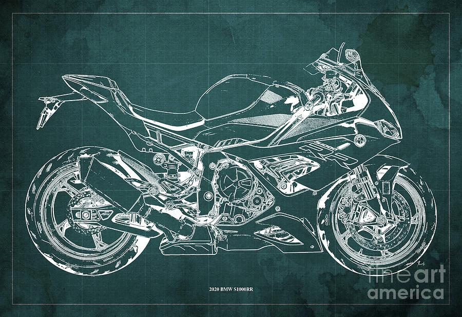 2020 Bmw S1000rr Blueprint,green Background,gift Ideas For Bikers Drawing