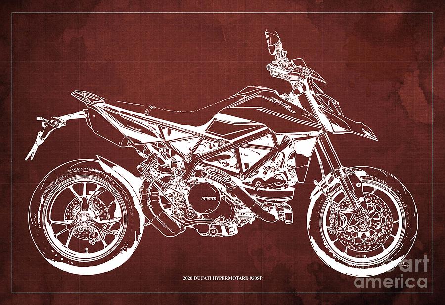 2020 Ducati Hypermotard 950sp Blueprint,red Background,man Cave Decoration Photograph