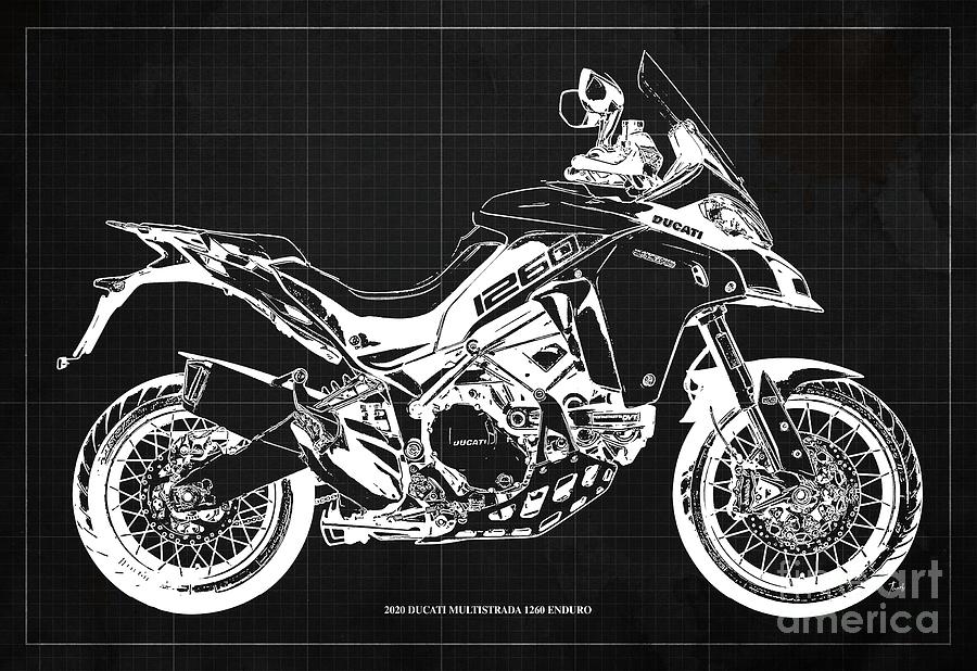 2020 Ducati Multistrada 1260 Enduro Blueprint.Dark Grey Vintage Background Drawing by Drawspots Illustrations