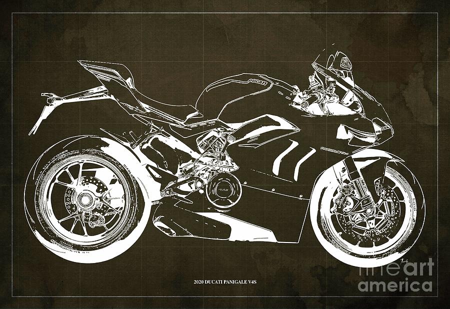 2020 Ducati Panigale V4s Blueprint Brown Background Drawing By