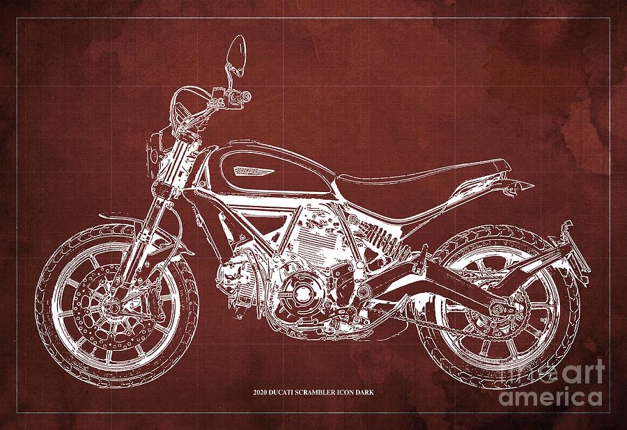 Ducati Scrambler Icon Dark Blueprint Red Vintage Background Gift For Bikers Drawing By Drawspots Illustrations