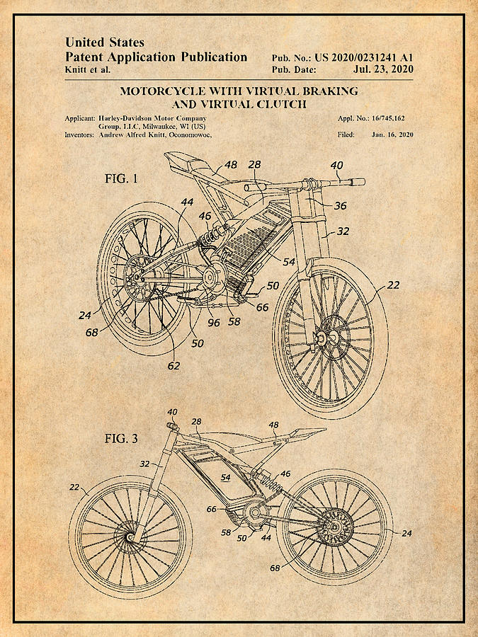 2020 Harley Davidson Electric Motorcycle Patent Print Antique Paper Drawing by Greg Edwards