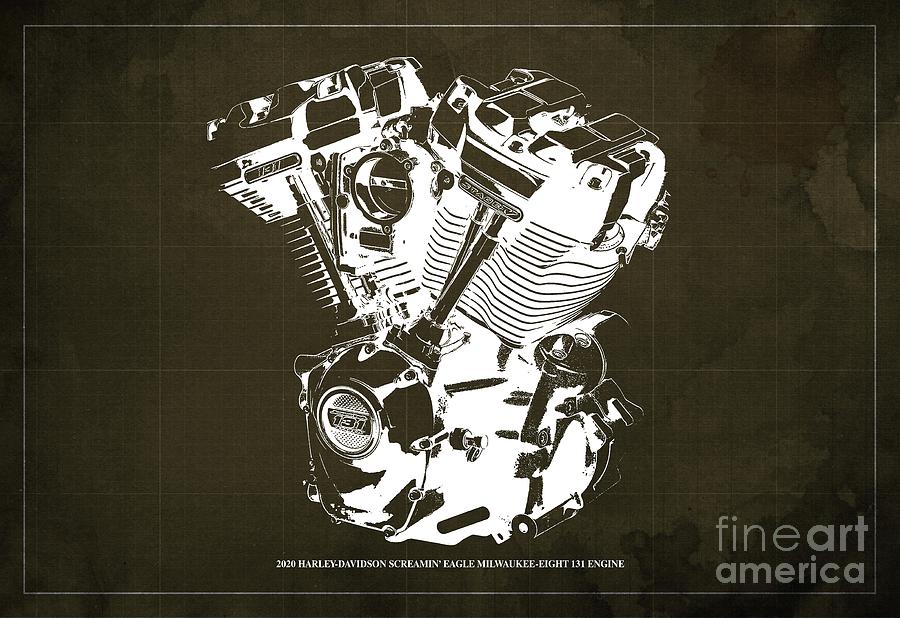 2020 Harley Davidson Screamin Eagle Milwaukee-eight 131 Engine Blueprint Brown Background Drawing
