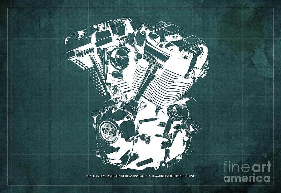 2020 Harley Davidson Screamin Eagle Milwaukee-Eight 131 Engine Blueprint  Green Background Drawing by Drawspots Illustrations - Pixels