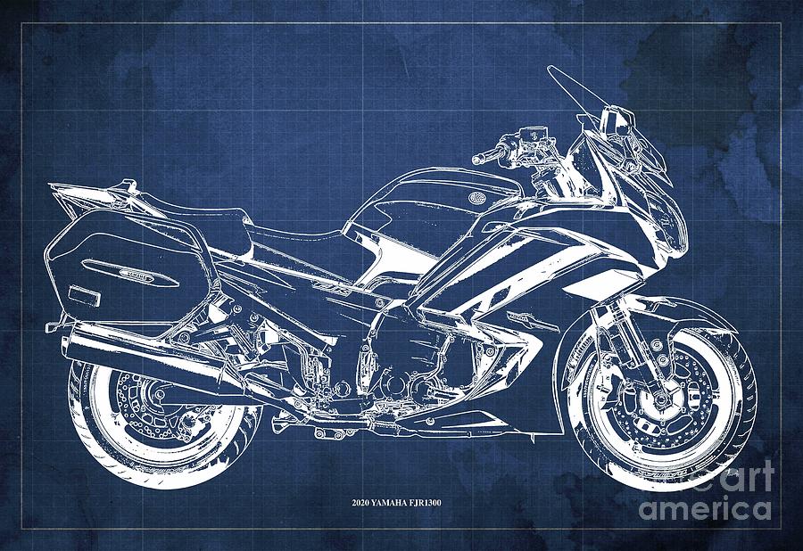 Blue Drawing - 2020 Yamaha FJR1300 Blueprint. Blue Background.Original Gifts for Bikers by Drawspots Illustrations