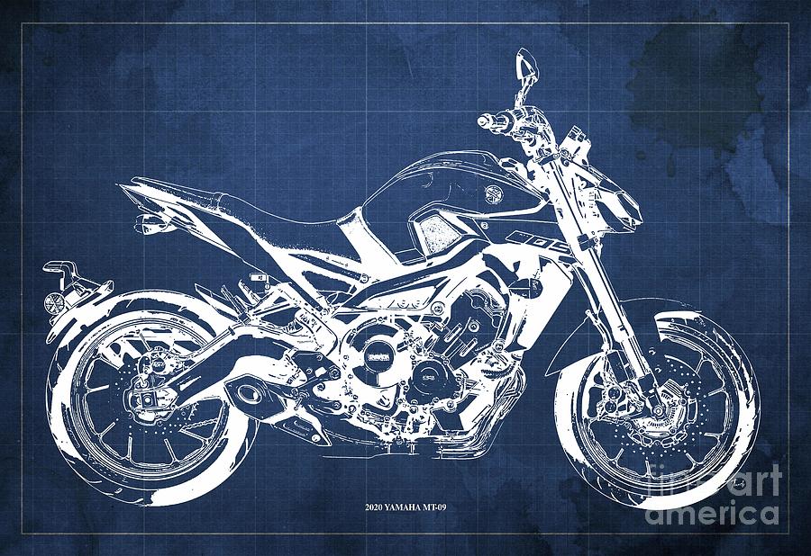 2020 Yamaha MT-09 blueprint, Blue Vintage Background Drawing by ...