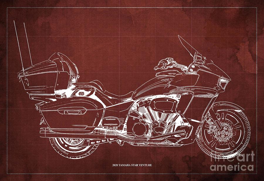 2020 Yamaha Star Venture Blueprint, Vintage Red Background Drawing by ...