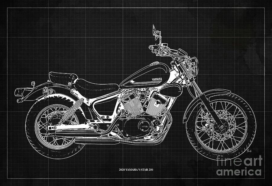 2020 Yamaha V-Star 250 Blueprint, Vintage Dark Grey Background Drawing ...