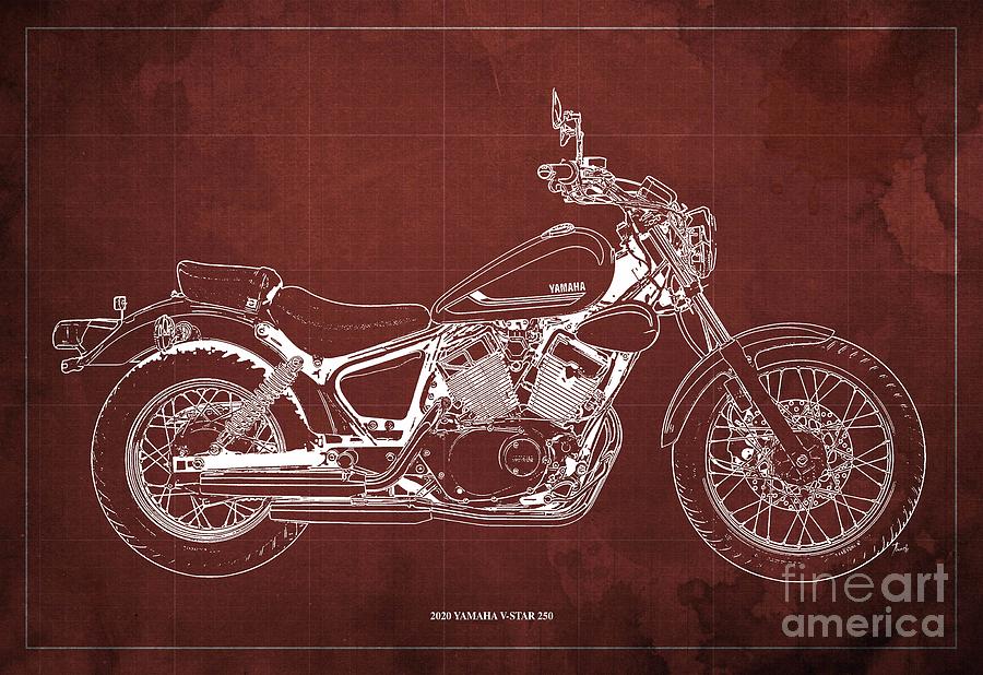 2020 Yamaha V-Star 250 Blueprint, Vintage Red Background Drawing by ...