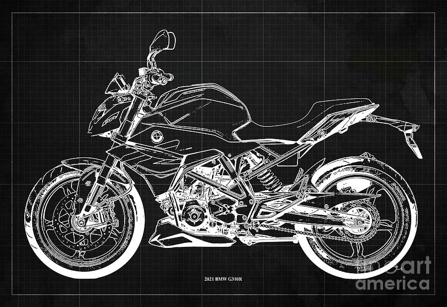  BMW G3 0R Blueprint, fondo gris oscuro, regalo original para motociclistas Dibujo de Drawspots Illustrations