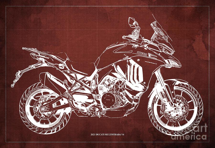2021 Ducati Multistrada V4 Blueprint, Red Background Drawing