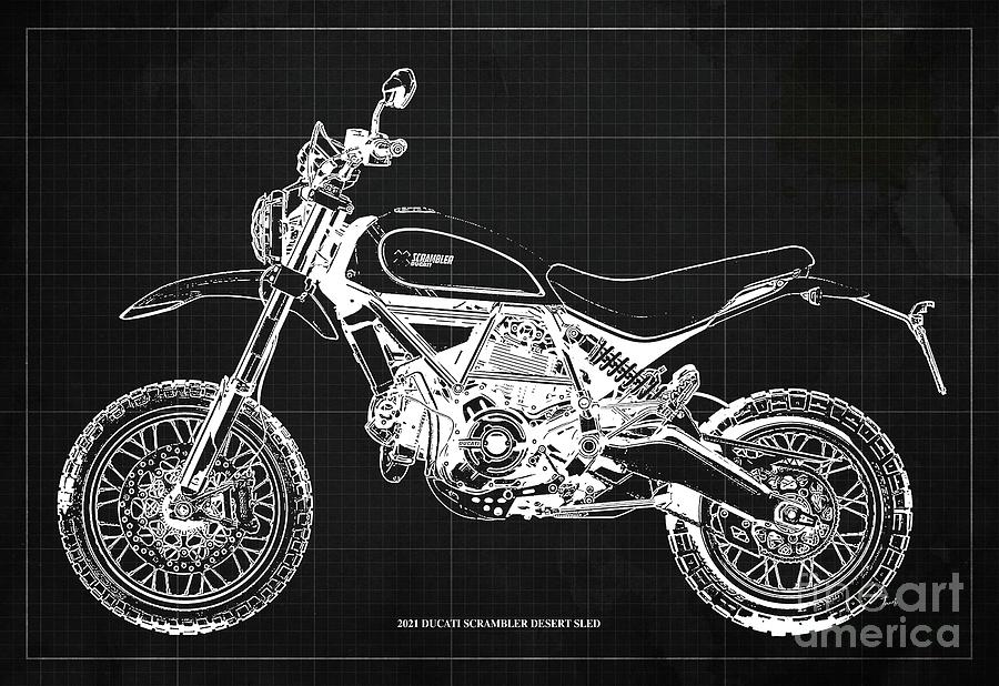 21 Ducati Scrambler Desert Sled Blueprint Dark Gray Background Drawing By Drawspots Illustrations