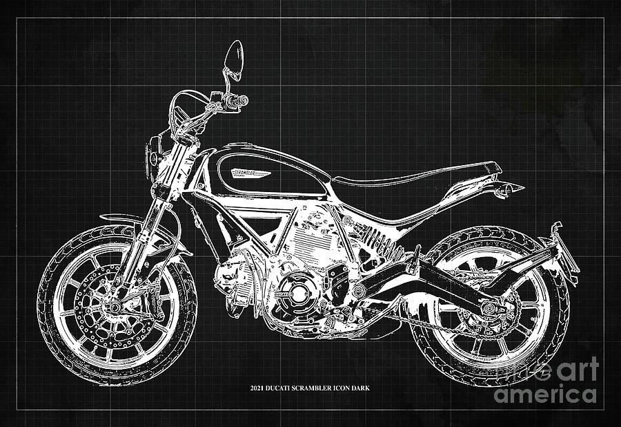 2021 Ducati Scrambler Icon Dark Blueprint, Dark Gray Background Drawing