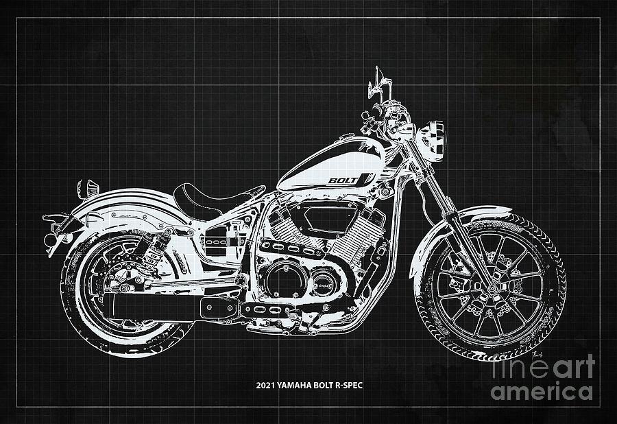 2021 Yamaha Bolt R-Spec Blueprint,Dark Grey Background Drawing by ...