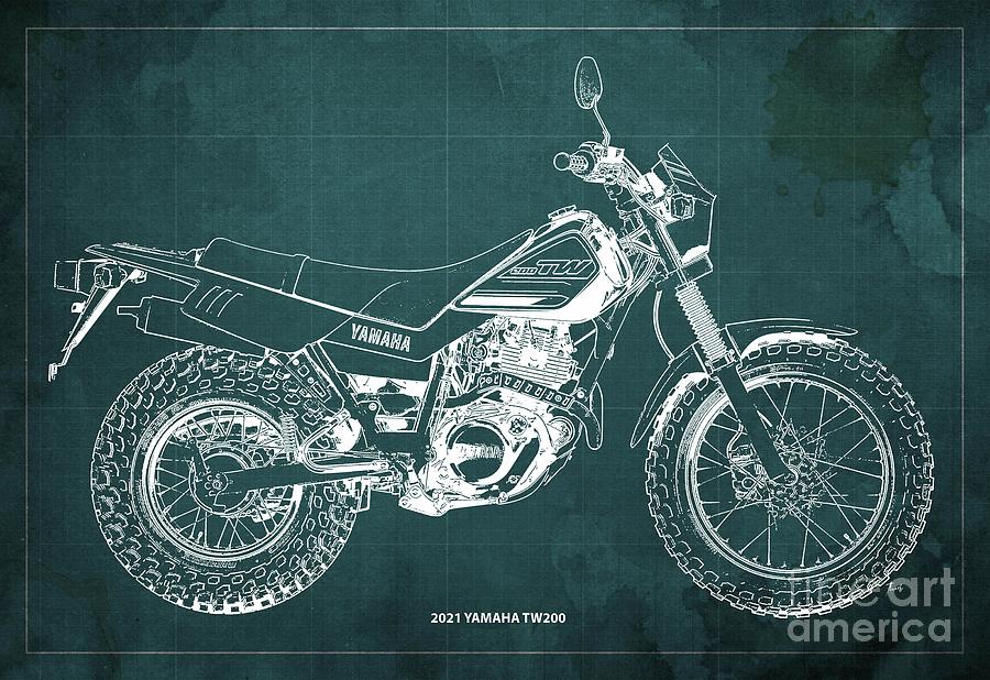 2021 Yamaha Tw200 Blueprint. Original Artwork. Vintage Green Background.gift For Bikers Drawing