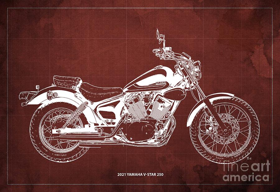 2021 Yamaha V-Star 250 Blueprint,Red Background,Original Artwork by ...