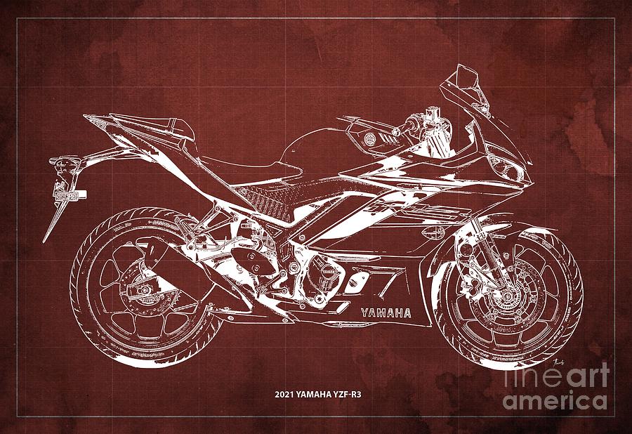 2021 Yamaha YZF-R3 Monster Energy Yamaha MotoGP Edition Blueprint,Red  Background Ornament by Drawspots Illustrations - Instaprints