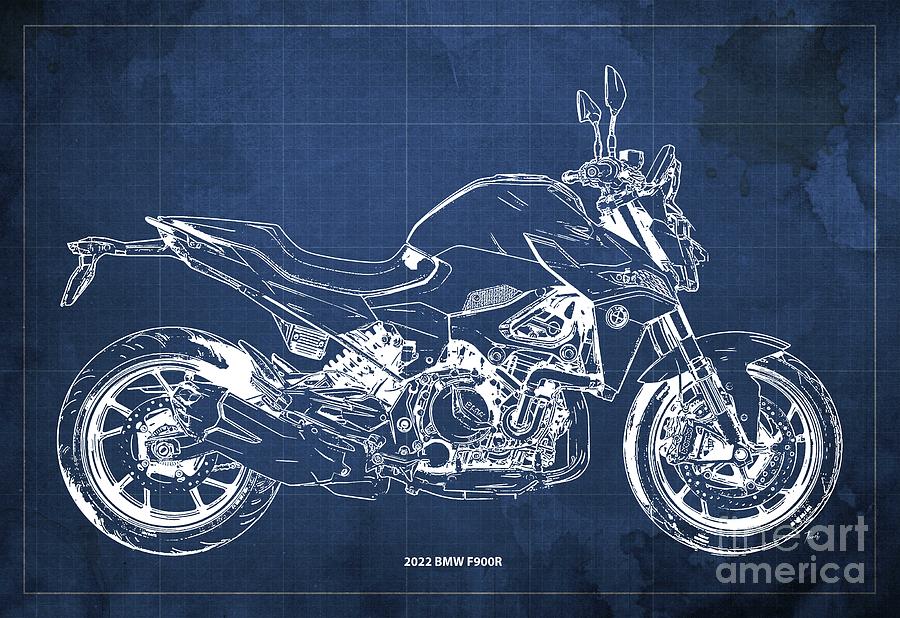 2022 Bmw F900r Blueprint,vintage Blue Background,gift For Bikers Drawing