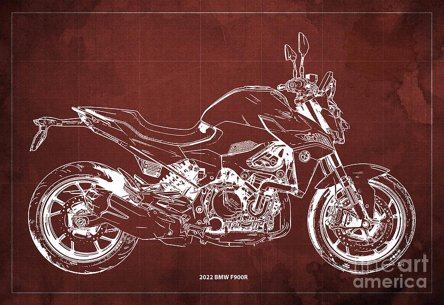 2022 Bmw F900r Blueprint,vintage Red Background,gift For Bikers Drawing