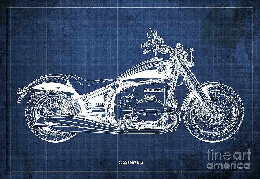 2022 Bmw R18 Blueprint,vintage Blue Background,gift For Bikers Drawing