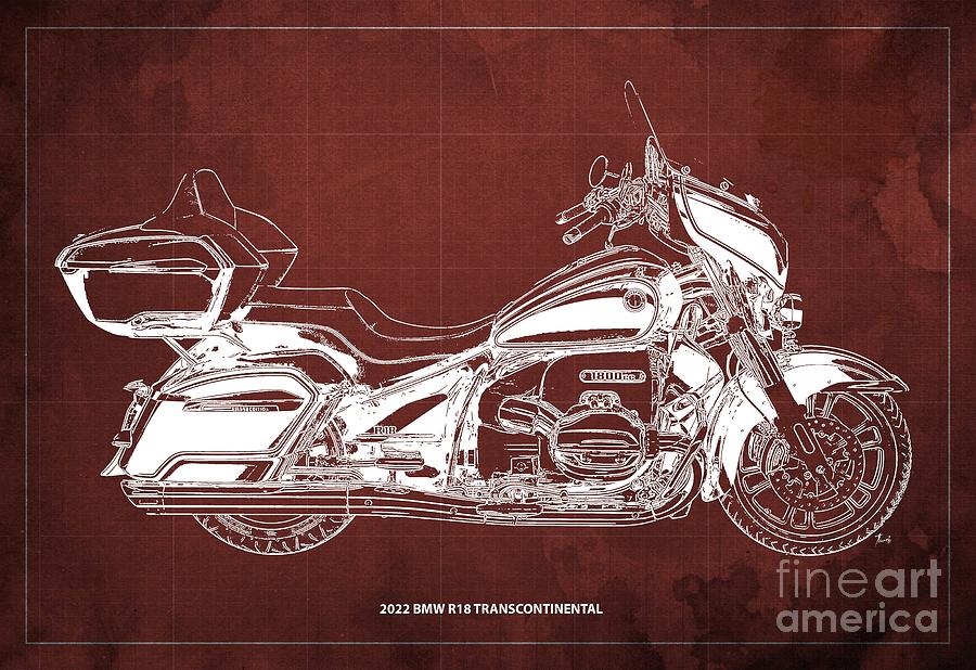 2022 Bmw R18 Transcontinental Blueprint, Red Background Drawing