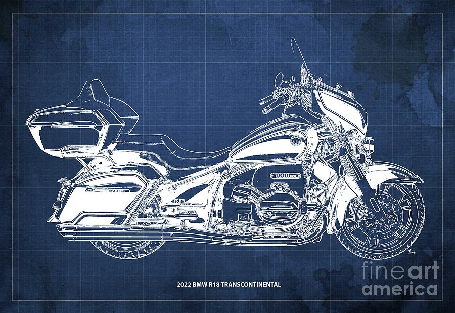 2022 Bmw R18 Transcontinental Blueprint,blue Background,gift For Bikers Drawing