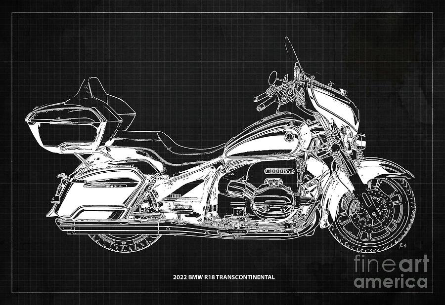 2022 Bmw R18 Transcontinental Blueprint,dark Grey Background,gift For Bikers Drawing