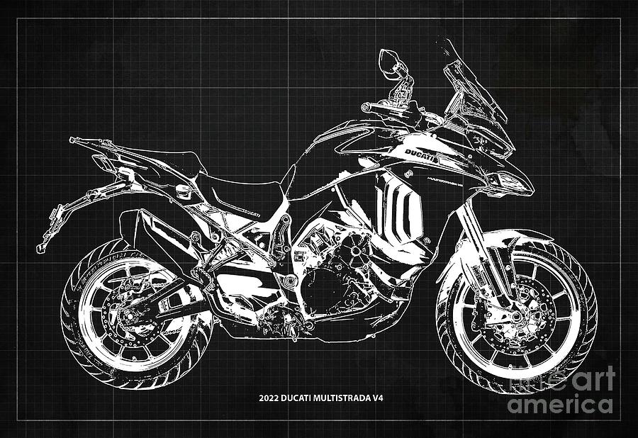 2022 Ducati Multistrada V4 Blueprint,dark Grey Background Drawing