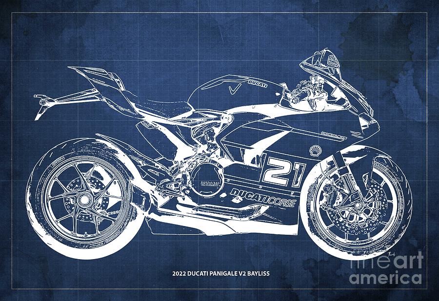 2022 Ducati Panigale V2 Bayliss Blueprint,blue Background Drawing