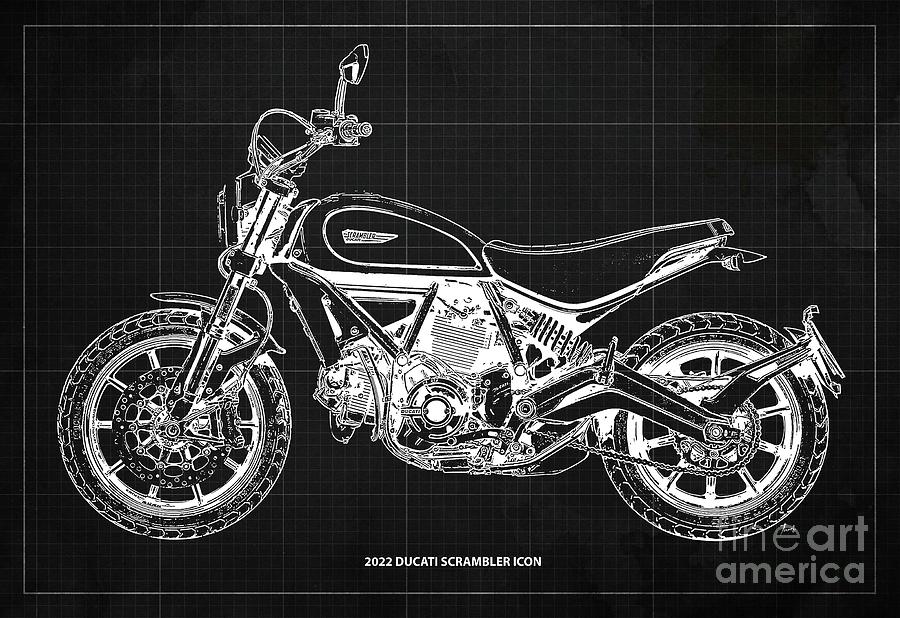 2022 Ducati Scrambler Icon Blueprint,Dark Grey Background Drawing by ...