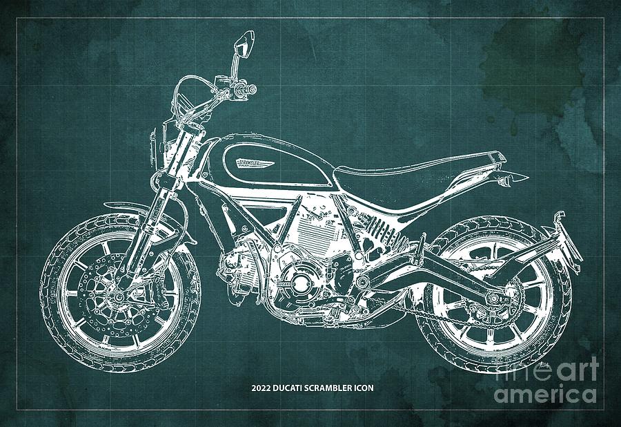 2022 Ducati Scrambler Icon Blueprint,green Background Drawing