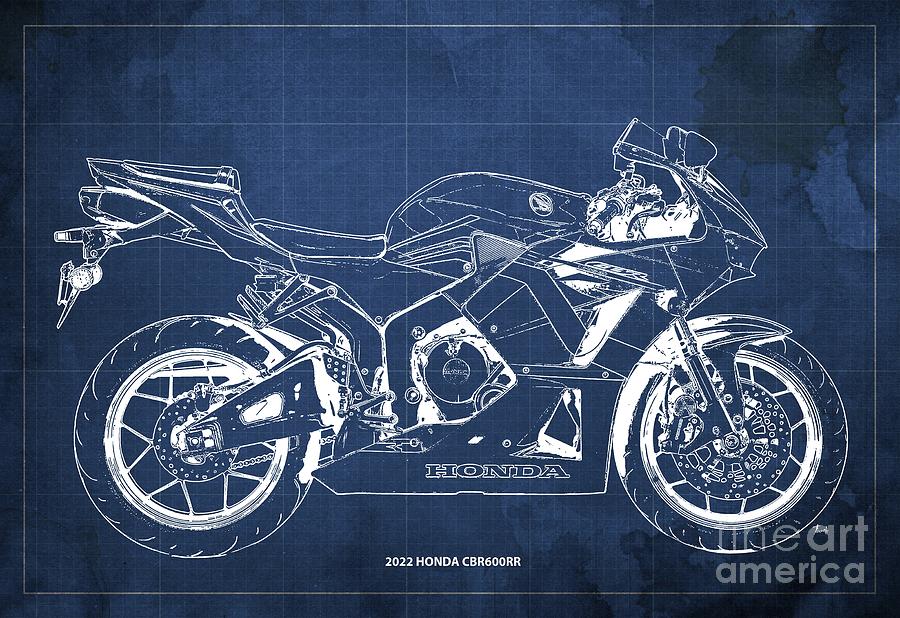 2022 Honda Cbr600rr Blueprint,blue Background,gift For Bikers Drawing