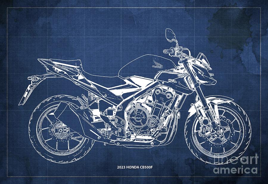 2023 Honda CB500F Blueprint,Vintage Blue Background Drawing by ...