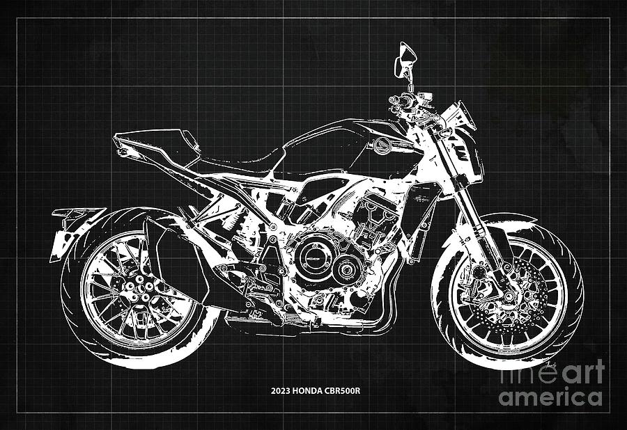 2023 Honda CBR500R Blueprint,Vintage Dark Grey Background Drawing by ...