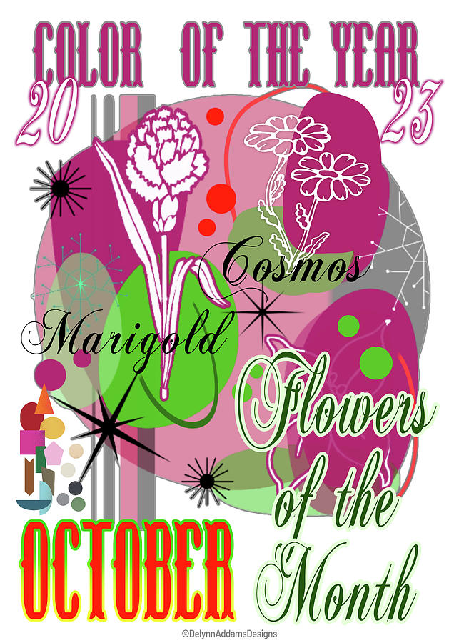 2023 Magenta Color of the Year with Marigold and Cosmos Flowers of the Month  Digital Art by Delynn Addams